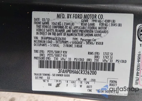 2012 Ford Fusion Se из США, поврежденный, VIN 3FAHP0HA6CR326200